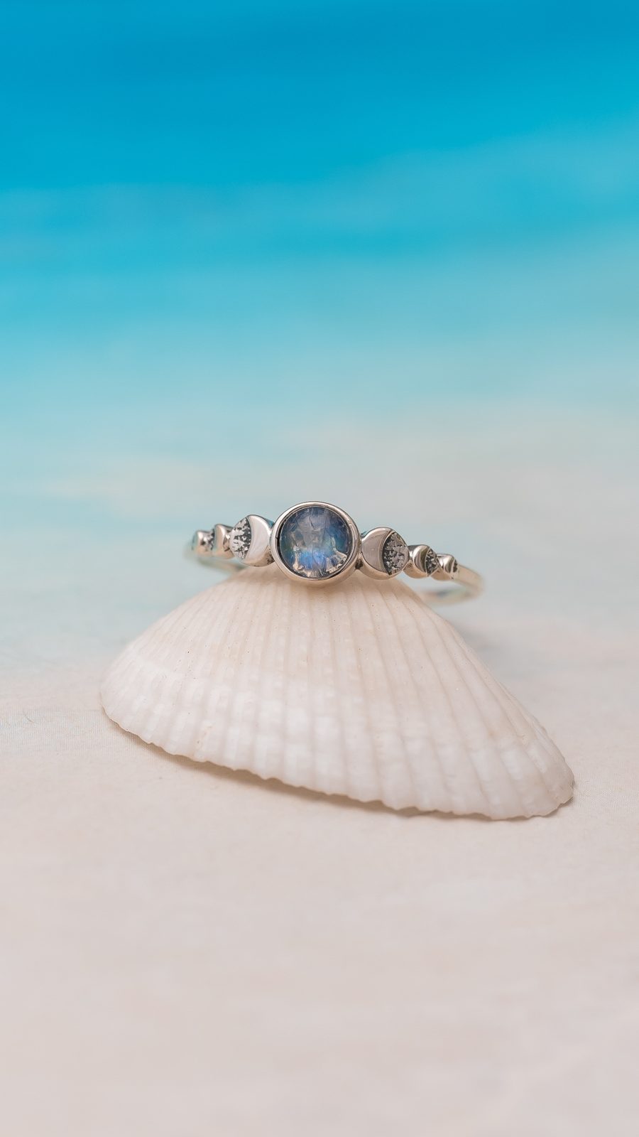 Anillo Ciclo Lunar Piedra Luna sobre concha